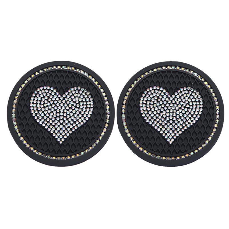 2pcs Car Coaster Diamond Heart Shape Water Cup Bottle Holder Anti-slip Pad Silica Gel Waterproof Mat Car Interior