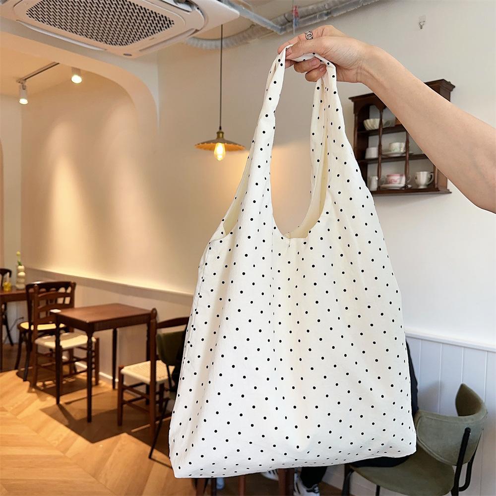 Women Canvas Shoulder Bag Simple Dots Large Capacity Tote Handbag Casual Crossbody Travel Shopper