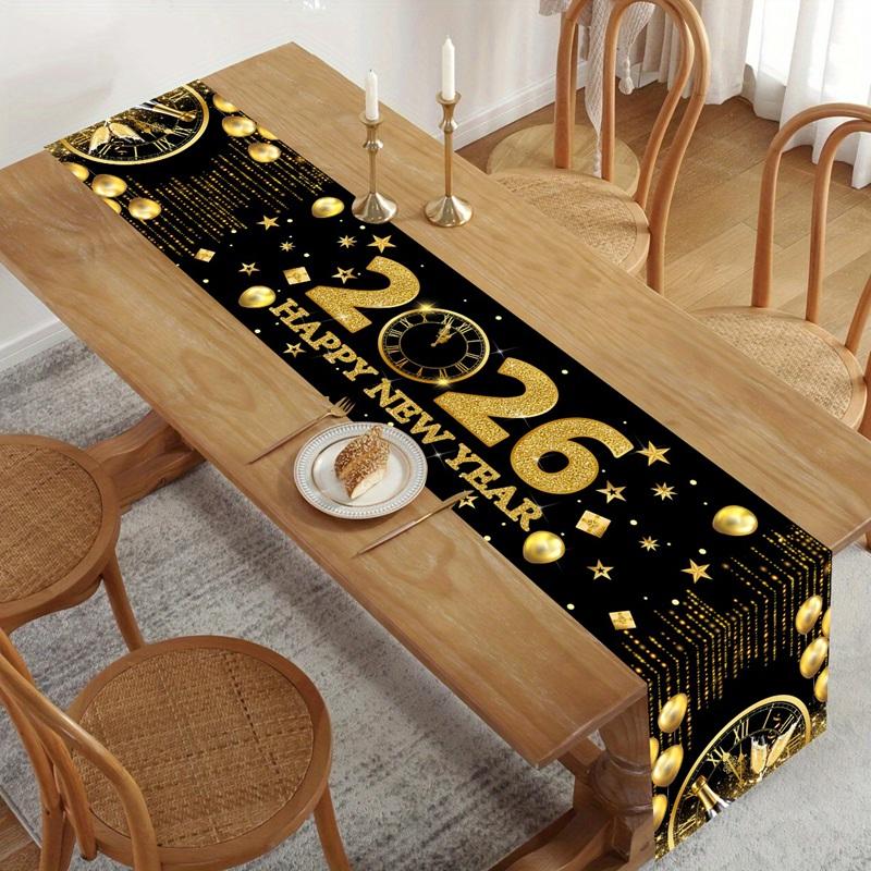 2026 Happy New Year Table Runner Fireworks Champagne Polyester Table Cover For New Year Party Kitchen Dining Table Decorations