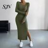 Comfortable Casual Dresses Women Round Neck Knitted Dress, Long Sleeve Pullover Sweater Winter Wear Solid Color Stretchy Split Bodycon Dress
