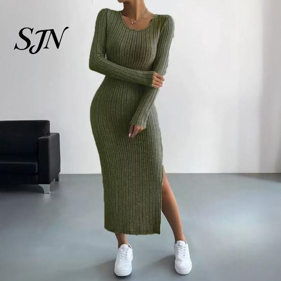 Comfortable Casual Dresses Women Round Neck Knitted Dress, Long Sleeve Pullover Sweater Winter Wear Solid Color Stretchy Split Bodycon Dress