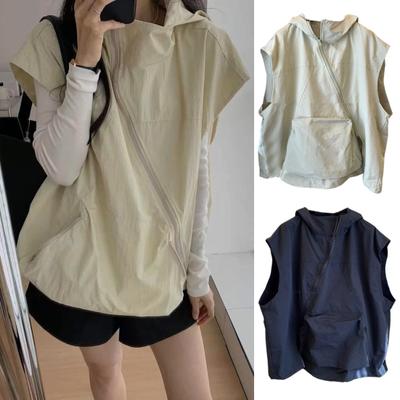 Women Summer Hooded Vest Diagonal Zipper Breathable Female Ladies Sun Protection Clothing Casual Solid Color Loose Top