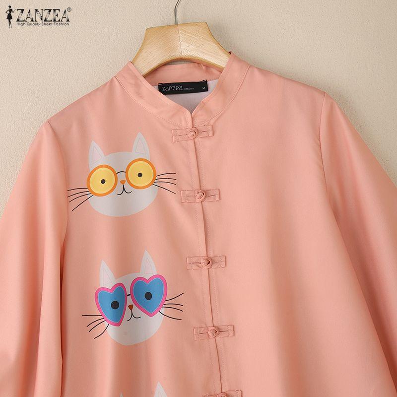 ZANZEA Women Stand Collar Loose Casual Long Sleeve Print Blouse