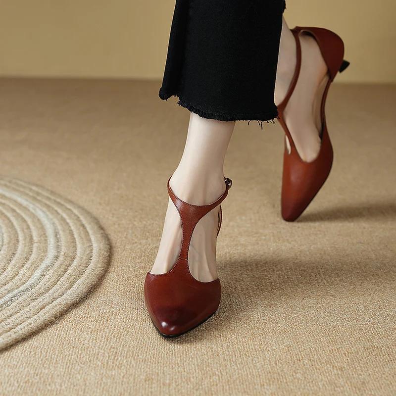 Fashion 2024 New Summer Sandals Cover Toe Sandals Pointed Toe High Heels Sandals for Women Handmade Women shoes Retro Stiletto Brown