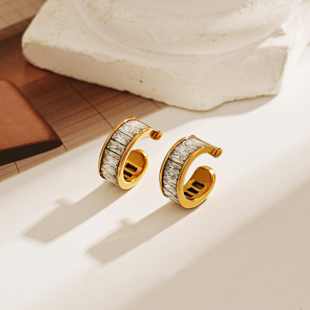18K Gold Waterproof Titanium & Stainless Steel Zirconia C-shaped Earrings - Women's European/American Style Ear Cuff Jewelry