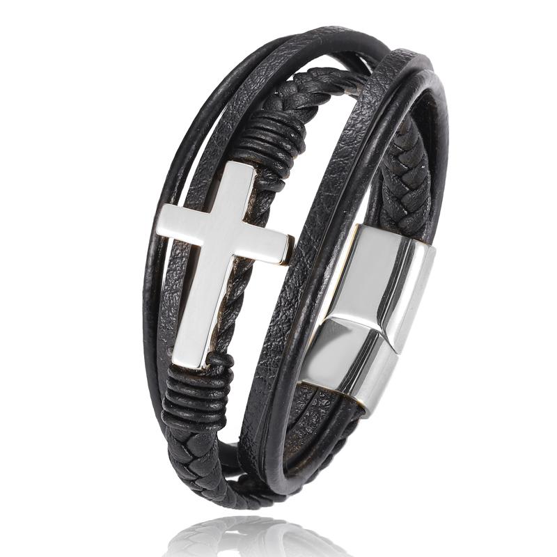 

Boho Personalized Men s Family Name Bracelet Black Cross Woven Leather With Stainless Steel Charm Bracelet Custom Name Jewelry 18.5cm