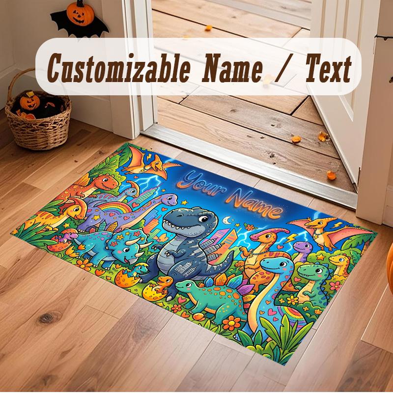 Dinosaur Theme Soft Crystal Velvet Rug Custom Name & Text Print Non Slip Floor Rug for Bedroom Living Room