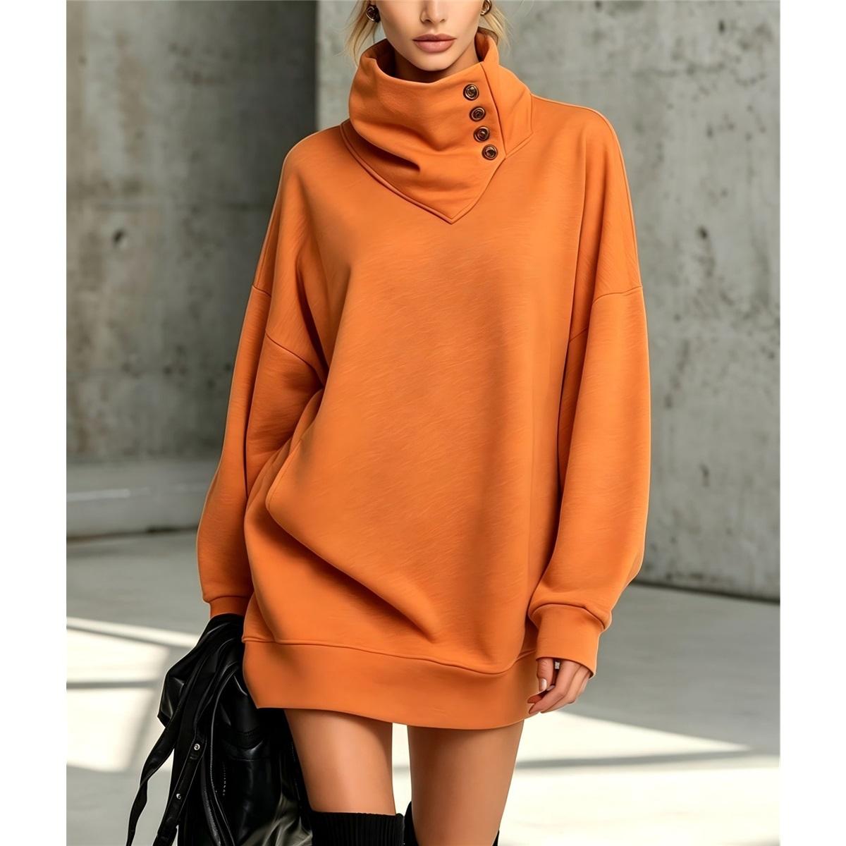 Damen Oversized Lang Sweatshirt Rollkragen Asymmetrisch Knopfdekor Langarm Locker Tunika Pullover S orange