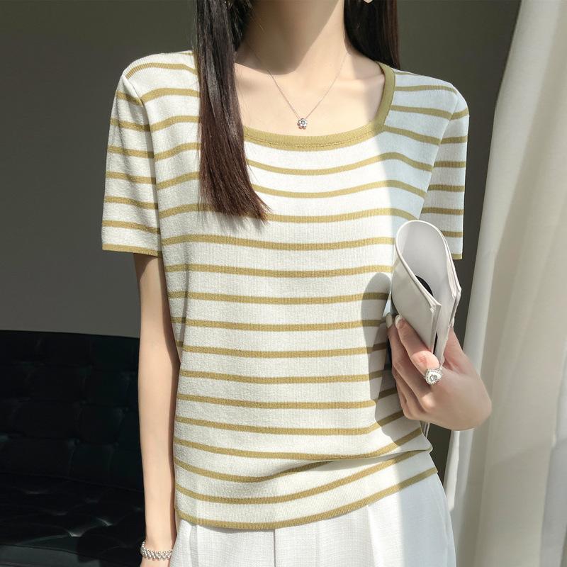 

Полосатый вязаный свитер с короткими рукавами женский летний новый свободный модный универсальный топ для ношения под низ XXL хаки