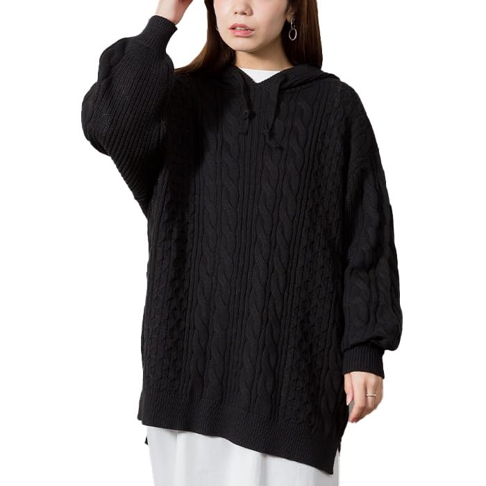 Cable Knit Black ATN-0024 [At One] Hoodie, Women's, M-L,