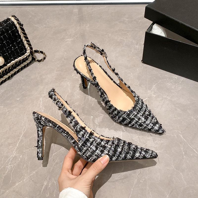 Xiaoxiangfeng Pointed Head Shallow Mouth Bag Head Rear Empty Sandals Women's 2025 New Thin Heel Sheepskin Inner Rubber Sole Spring and Autumn Models