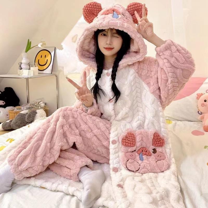 Outono e Inverno Novo Pijama Fofo com Capuz Castorzinho Veludo Coral Pijama de Inverno Feminino Conjunto de Pijama Feminino