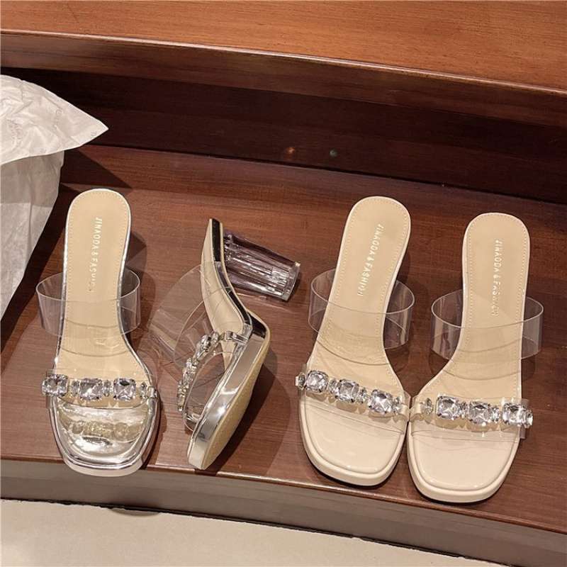 Waterproof Table Crystal Thick Heel Cool Slippers 2025 Women's Summer Wear Rhinestone Transparent One-word Strap High Heels
