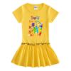 Girls' Summer Cartoon Raglan Color Block Dress with Ruffled Pleated Skirt