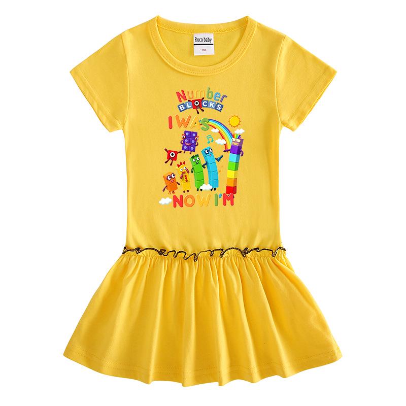 Girls' Summer Cartoon Raglan Color Block Dress with Ruffled Pleated Skirt