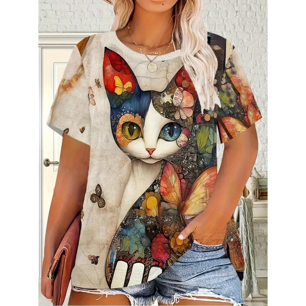 Plus Size Casual Crew Neck Short Sleeve Cat Animal Print T-Shirt - Soft Stretch Polyester Fabric Spring and Summer Womens Relaxed Fit Clothing