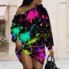 Damen Übergröße Off-Shoulder Langarm Neon Farbspritzer Print Asymmetrisches Tunika-Kleid