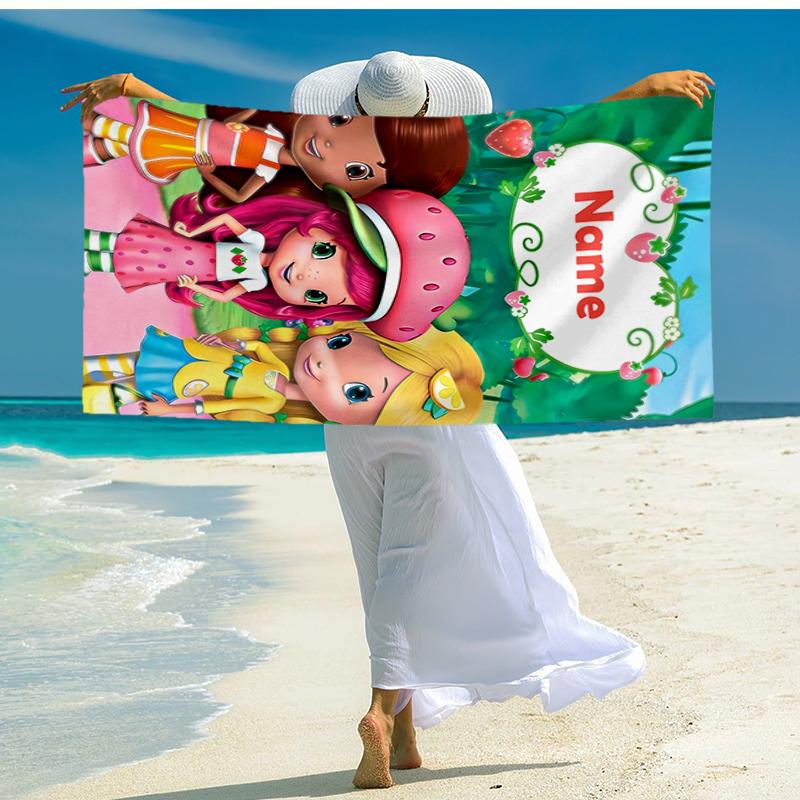 Custom Name Ultra-Soft Beach Towel with Strawberry Shortcake Theme,Ideal for Pool - Camping, Diving - Perfect Travel Essential, Vibrant Beach Towel.
