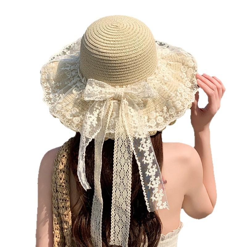 Summer Seaside Beach Hat Women's Sweet Bow Lace Strap Sun Hat Children's Fashion Sunshade Sunscreen Hat