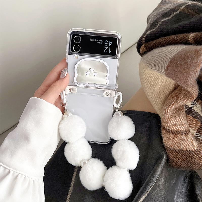 

Transparent Zflip6 Flip Phone Case for Findn2flip Plush Handheld Bear Mirror Folding Protective Cover For Samsung ZFlip3