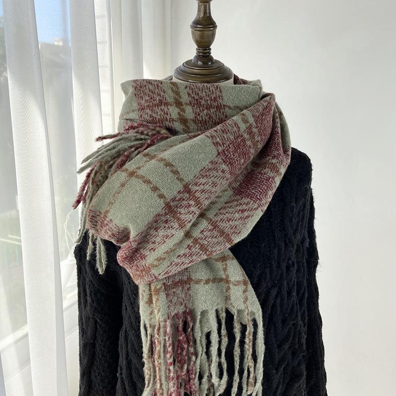 

Клетчатый шарф Женский Осенне-зимний Новый Ретро Шаль Имитация Кашемира Теплый Шарф с Бахромой