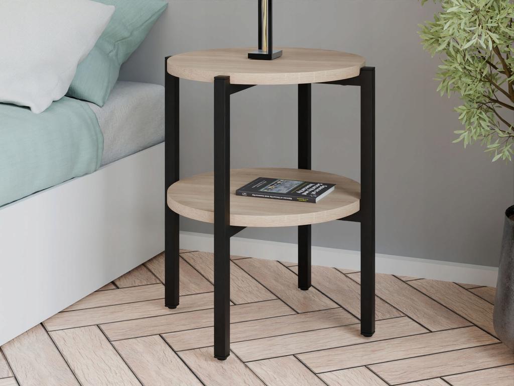 Stolik Nocny Okrągły Loft Z Półką 35X35X46 Cm Metalowy Czarny