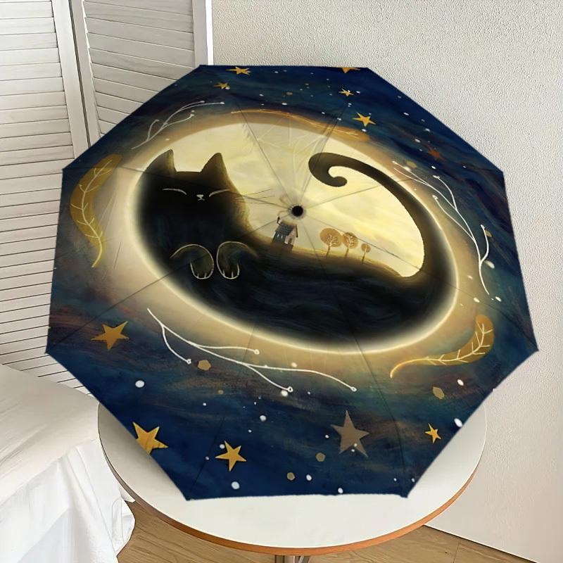 1PC cat moon Automatic Open/Close Umbrella with Windproof, 8-Rib Sturdy Canopy, Durable Ribs, Fashionable Design, Outdoor Accessory, Fun Prin, Holiday
