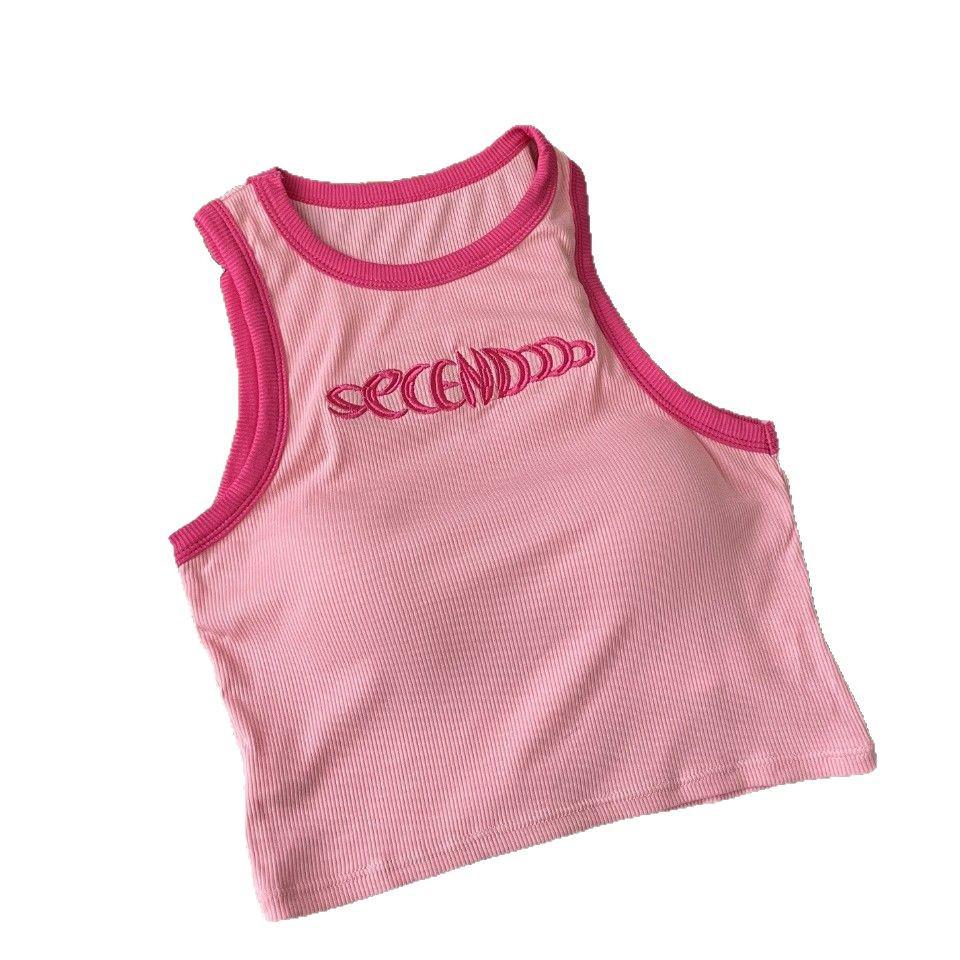American Style Sleeveless Cotton Vest: Tight-Fitting, Color-Block, Embroidered Design, Breathable with Open Back