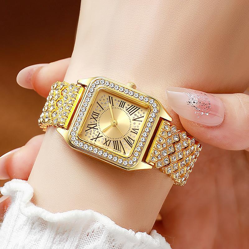 New Fashion Luxury Woman Gold Crystal Watch Women Square Wristwatches Ladies Stainless Steel Casual Quartz Watches Reloj Mujer