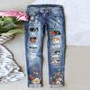 Women's Mid Rise Straight Leg Jeans Ripped Floral Rose Patch Print Commuter Sand Wash Denim Trousers For Spring