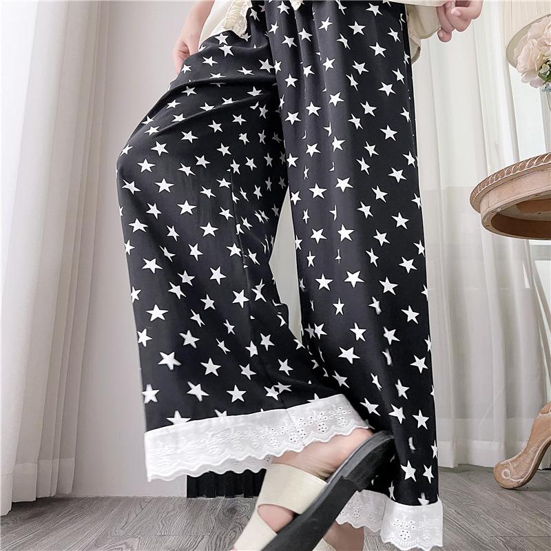 Lace Pants, Butterfly Knot Cotton Silk Printed Wide Leg Pants, Women's Spring And Summer Elastic Waist High Waist Pants, Cartoon Cute Cool Pants