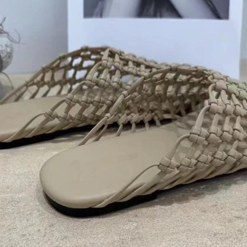 Summer Woven Hollow Flat Slippers Fashion Sandals for Women Comfort Round Toe  Mule Shoes Lightweight Beach Casual Shoe