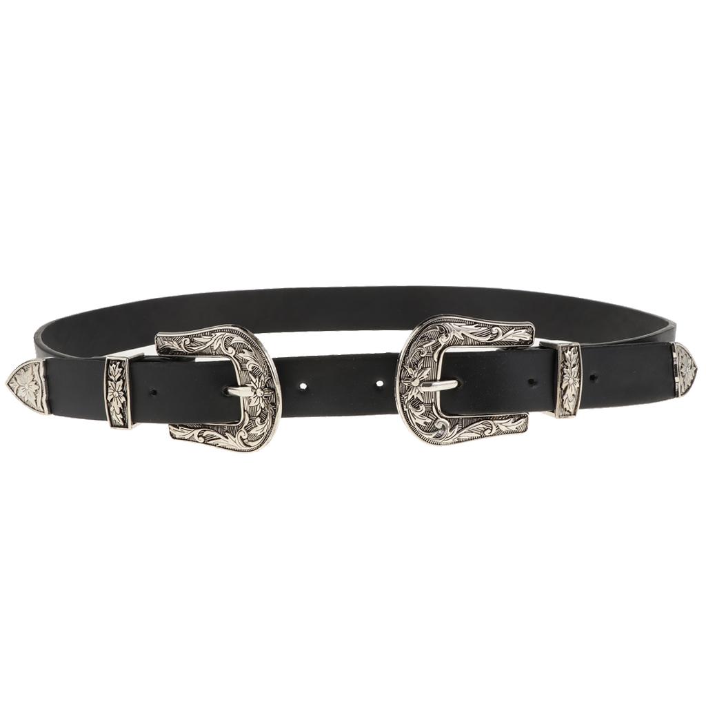 Faux Leather Belt with Double Floral Embossed Buckle Vintaje Women's Silver, As Described