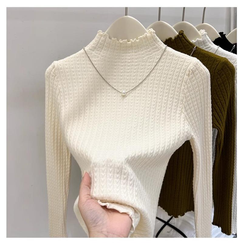 Autumn Winter Semi Turtleneck Knitted Pullover Women Sweater Casual Simple Bottoming Shirt Office Basic Pleated Solid Color Tops New Woman Clothing