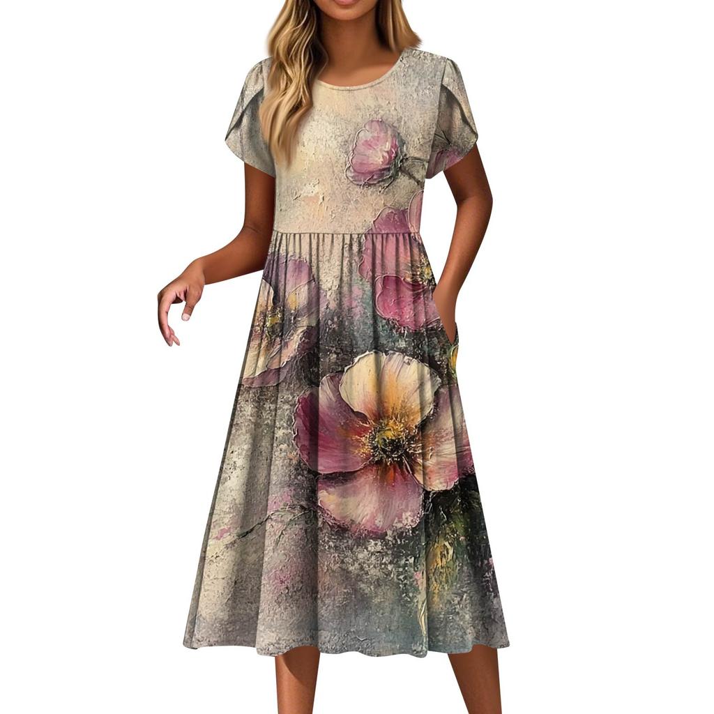 Dámské módní ležérní šaty s volným potiskem s kulatým výstřihem a kapsou s krátkým rukávem