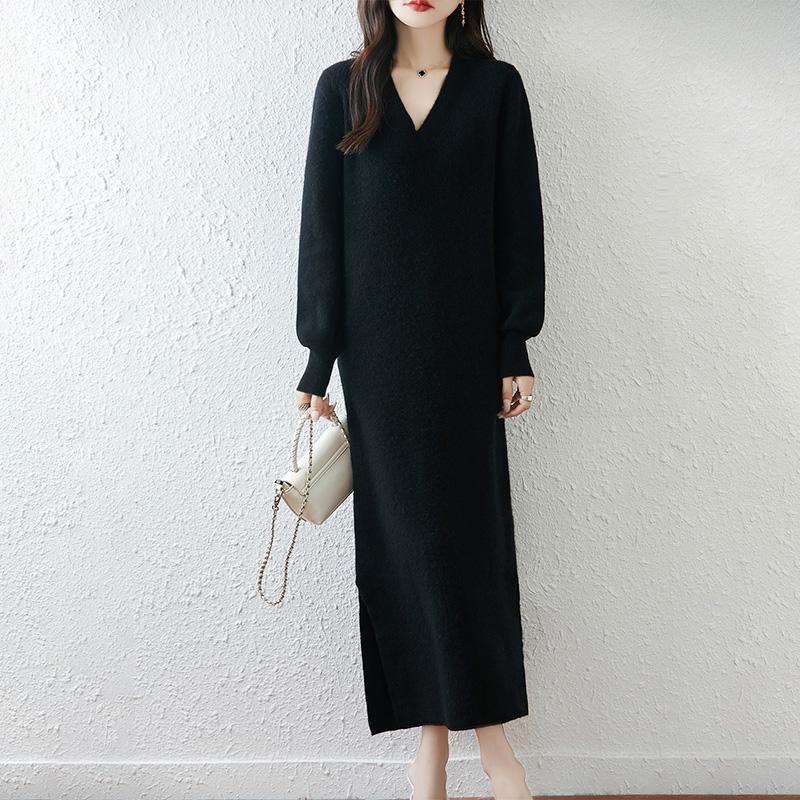 Women Sweater Dress 100% Wool MODERN NEW SAGA V-neck Knit Long Pullover Winter Jumpers Wool Long Dress Female