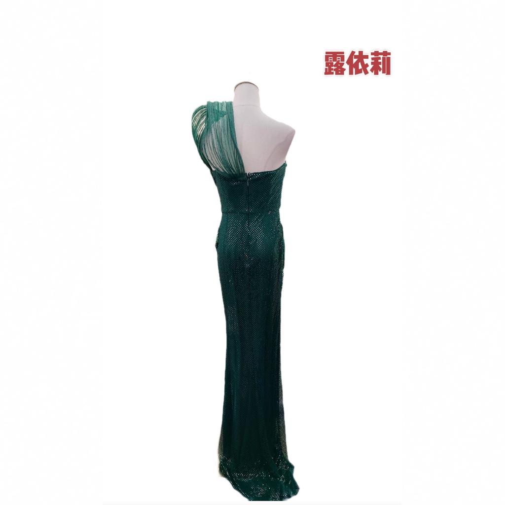 European and American sexy heavy industry beads irregular shoulder sequins slim evening dress dress