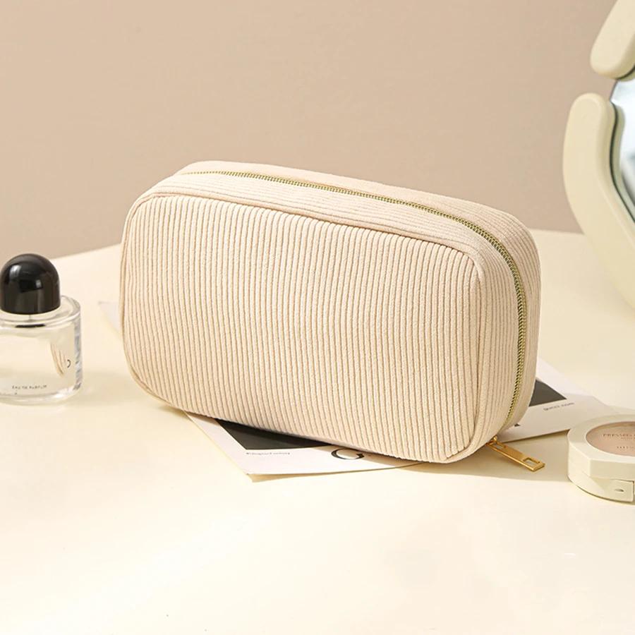 Women Cosmetic Bag Corduroy Solid Color Makeup Pouch Travel Portable Wash Toiletry Storage Bag Organizer Purse 2025 New