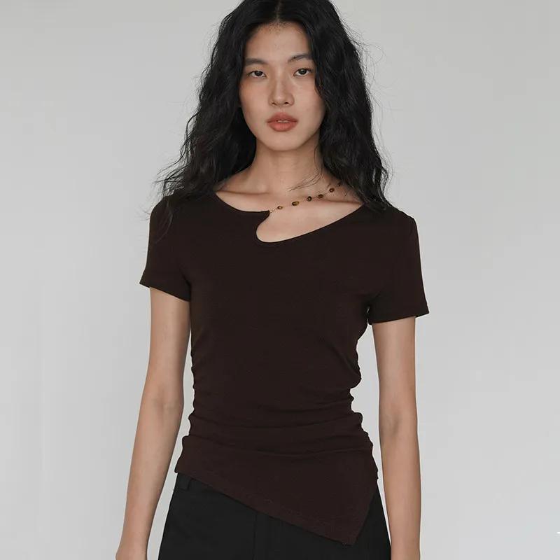 

Summer New Short Pure Cotton Short-sleeved T-shirt Women s Slim Versatile Design Top S коричневий