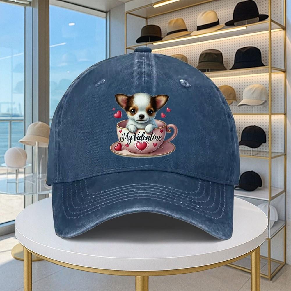 Süßer Chihuahua Mein Valentinstags Hund Druck Gewaschene Baseballkappe Vintage Verstellbarer Baumwollhut für Unisex