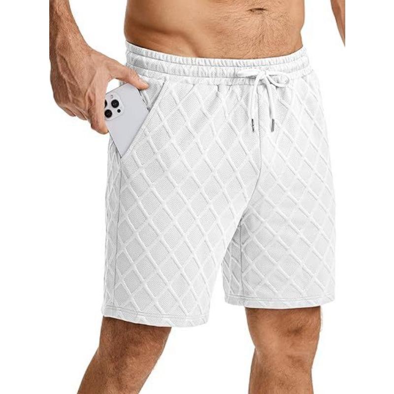 Mens Casual Elastic Waist Drawstring Argyle Texture Shorts S белый