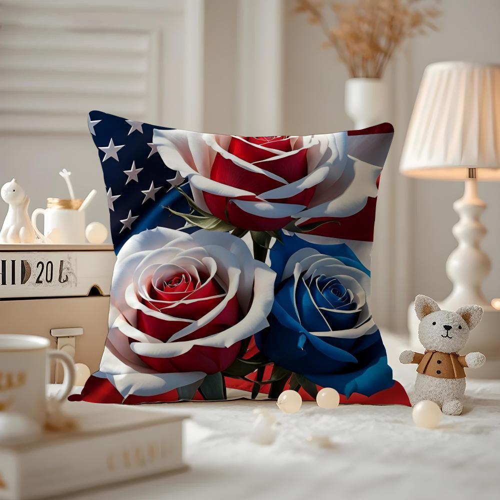 Independence Day Cushion Cover Anti-dustmite Pillowcase Invisible Zipper Silky Short Plush Sofa Cushion Cover
