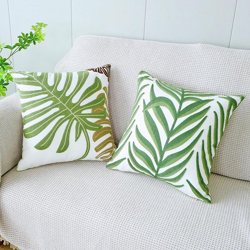 45x45cm Nordic Green Plants Embroidered Pillow Cover Pillowcases Leaf Cushion Cover Decorative for Sofa Bedroom Home Decor