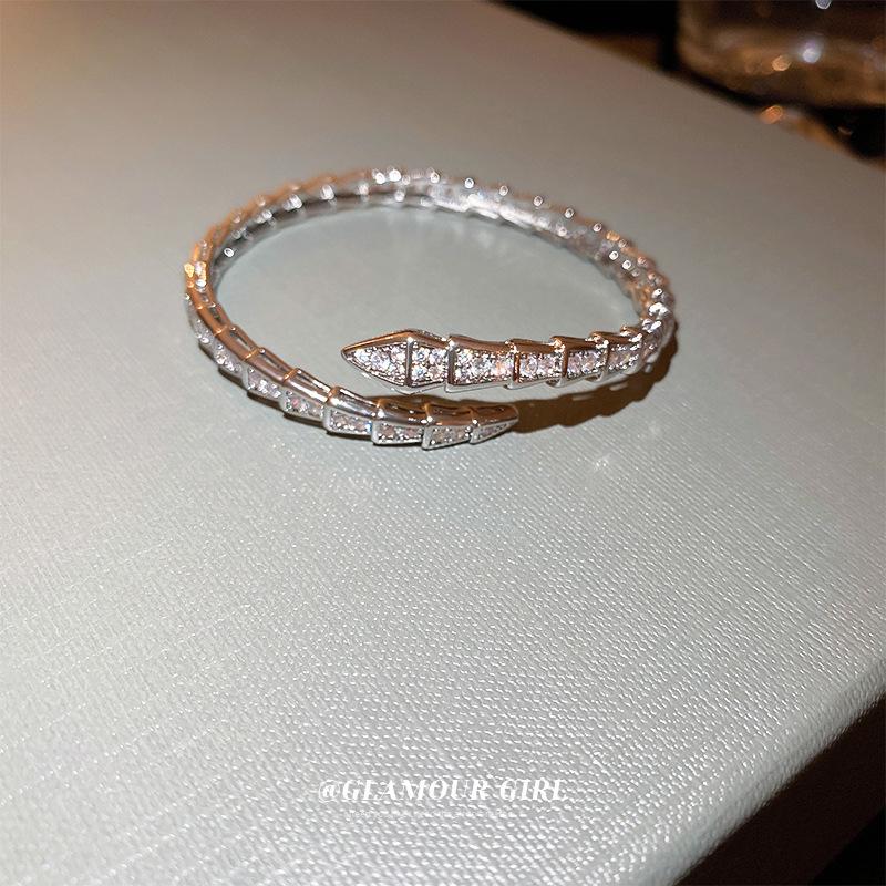 European & American Zircon Snake Bone Silver Bangle - Women's Fashion Niche Design Open Cuff