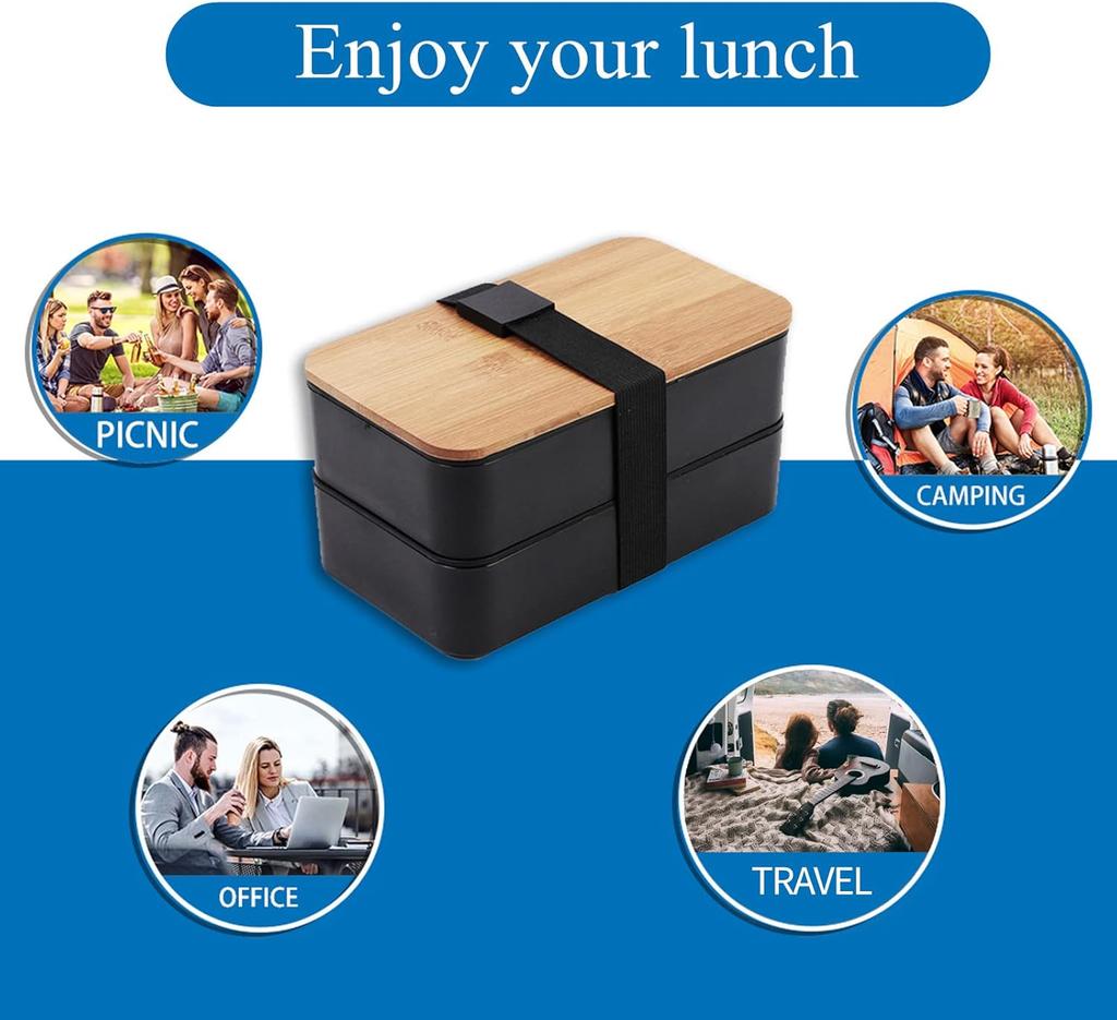 Black Double Layer Wood Grain Bento Box Microwave Safe Large Capacity Lunch Container with Thermal Bag