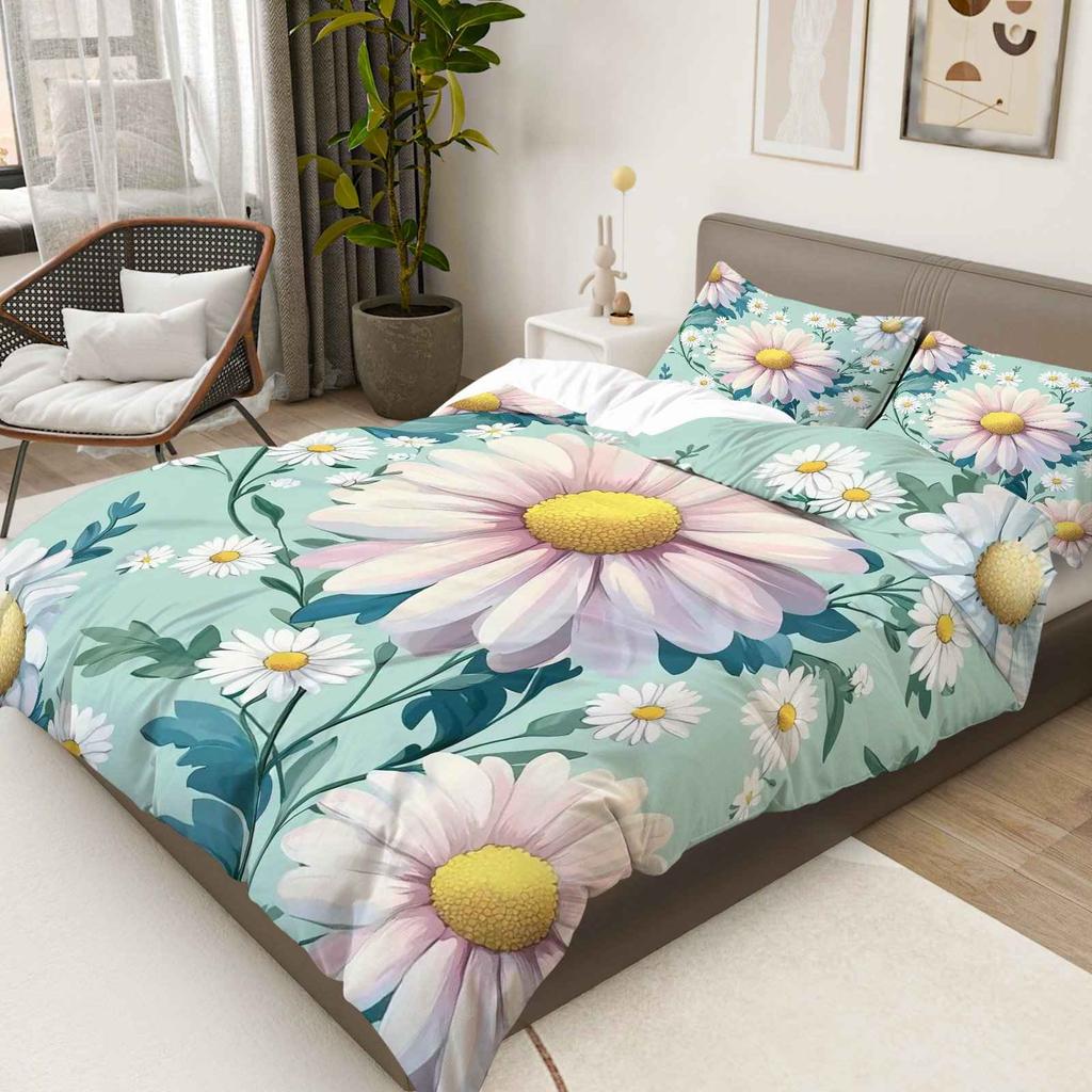 Comforter 3Pcs Daisy Flower Floral Botanical Fresh Nature Theme Bedding Set Suitable For Decoration Bedroom Living Room
