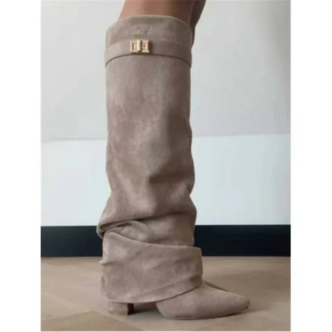 Stivali da Donna Alti al Ginocchio in Finta Pelle Scamosciata Nera Punta Appuntita Fibbia Pieghevole Tacco Grosso Stivali Street Fashion