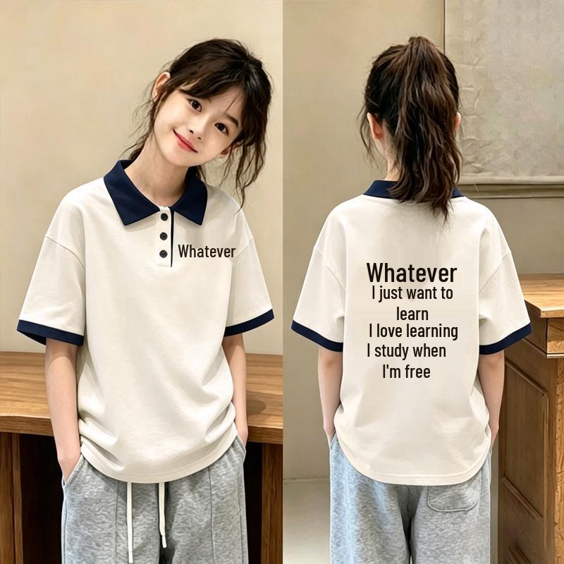 Girls' Cartoon Cotton Polo Shirt - Summer Lapel Short Sleeve for Ages 6-15