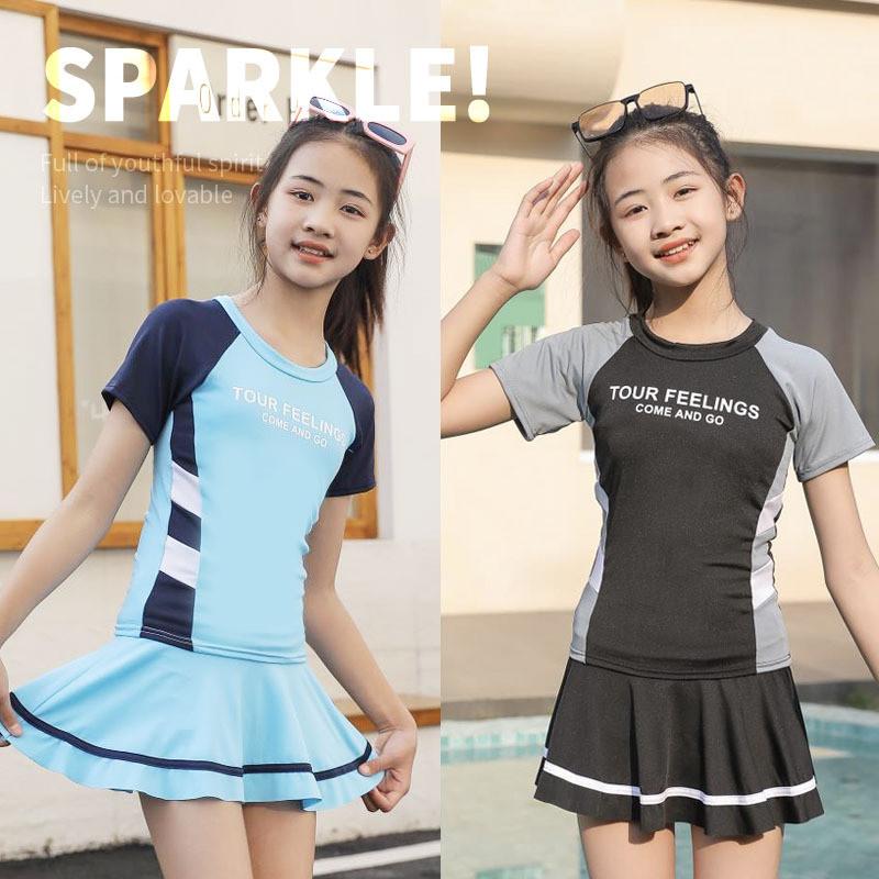 Costume da Bagno Sportivo per Ragazza Imbottito Diviso Manica Corta Protezione UV per Attività Acquatiche