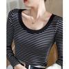 Pure Cotton Striped T-shirt Women's Long-sleeved Autumn Winter New Round Neck Top Slimming Slim Tees Bottoming Shirt